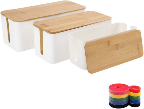 Bamboo Cable Management Box Organizer Set of 3 with Lid for Concealing Surge Protectors, Power Strips, and Cords - Includes 5 Cable Fastening Tapes for Home, Office, and Entertainment Spaces