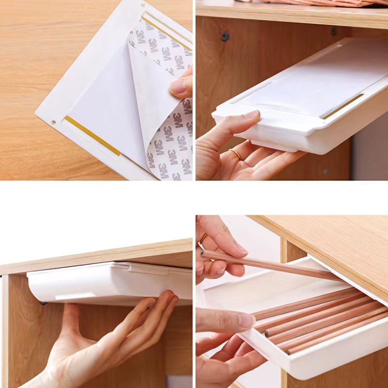 Sliding under Desk Drawer, Punch-Free Self-Adhesive Hidden Storage Organizer, Space-Saving Desk Tidy for Pens Stationery Gadgets