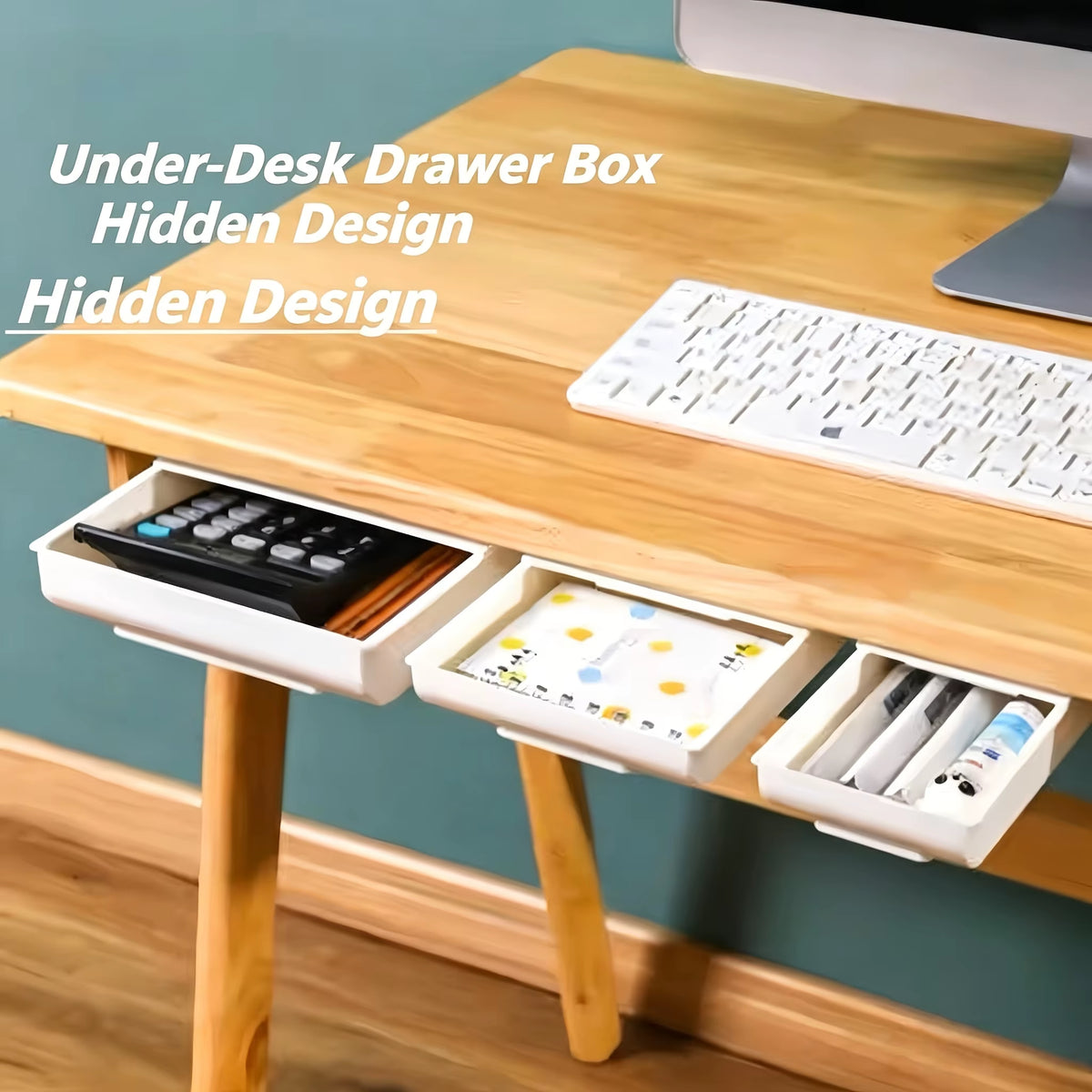 Sliding under Desk Drawer, Punch-Free Self-Adhesive Hidden Storage Organizer, Space-Saving Desk Tidy for Pens Stationery Gadgets