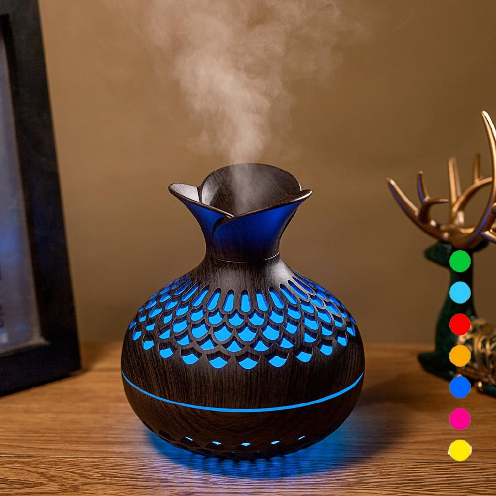 Colorful Cool Mini Humidifier, Flower Shape USB Personal Desktop Humidifier for Car, Office Room, Bedroom,Etc. 2 Mist Modes, 7 Colors,Super Quiet (Darkwood)