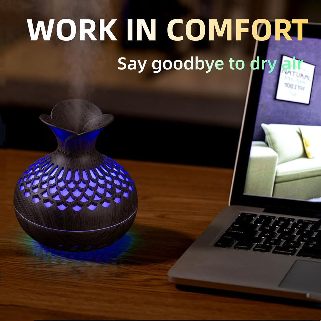 Colorful Cool Mini Humidifier, Flower Shape USB Personal Desktop Humidifier for Car, Office Room, Bedroom,Etc. 2 Mist Modes, 7 Colors,Super Quiet (Darkwood)
