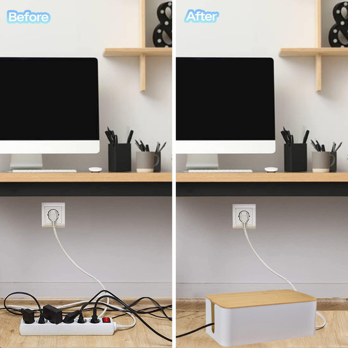 Bamboo Cable Management Box Organizer Set of 3 with Lid for Concealing Surge Protectors, Power Strips, and Cords - Includes 5 Cable Fastening Tapes for Home, Office, and Entertainment Spaces