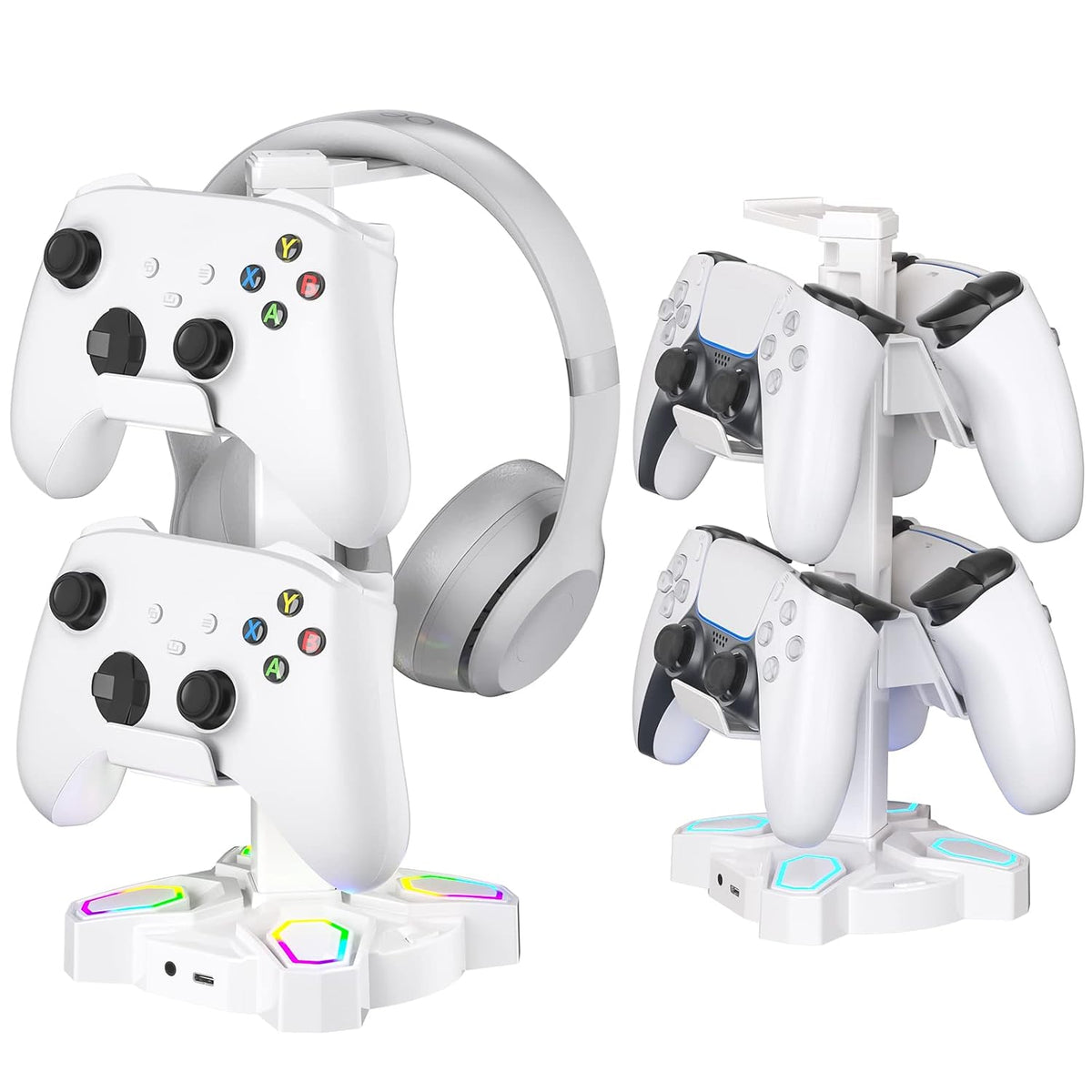 Gaming Headphones Stand, Rotatable Headset Stand with Light Modes - Controller Holder with 2 USB Charging Ports and 3.5Mm - Earphone Hanger Accessories for Desktop Gamer(Black)