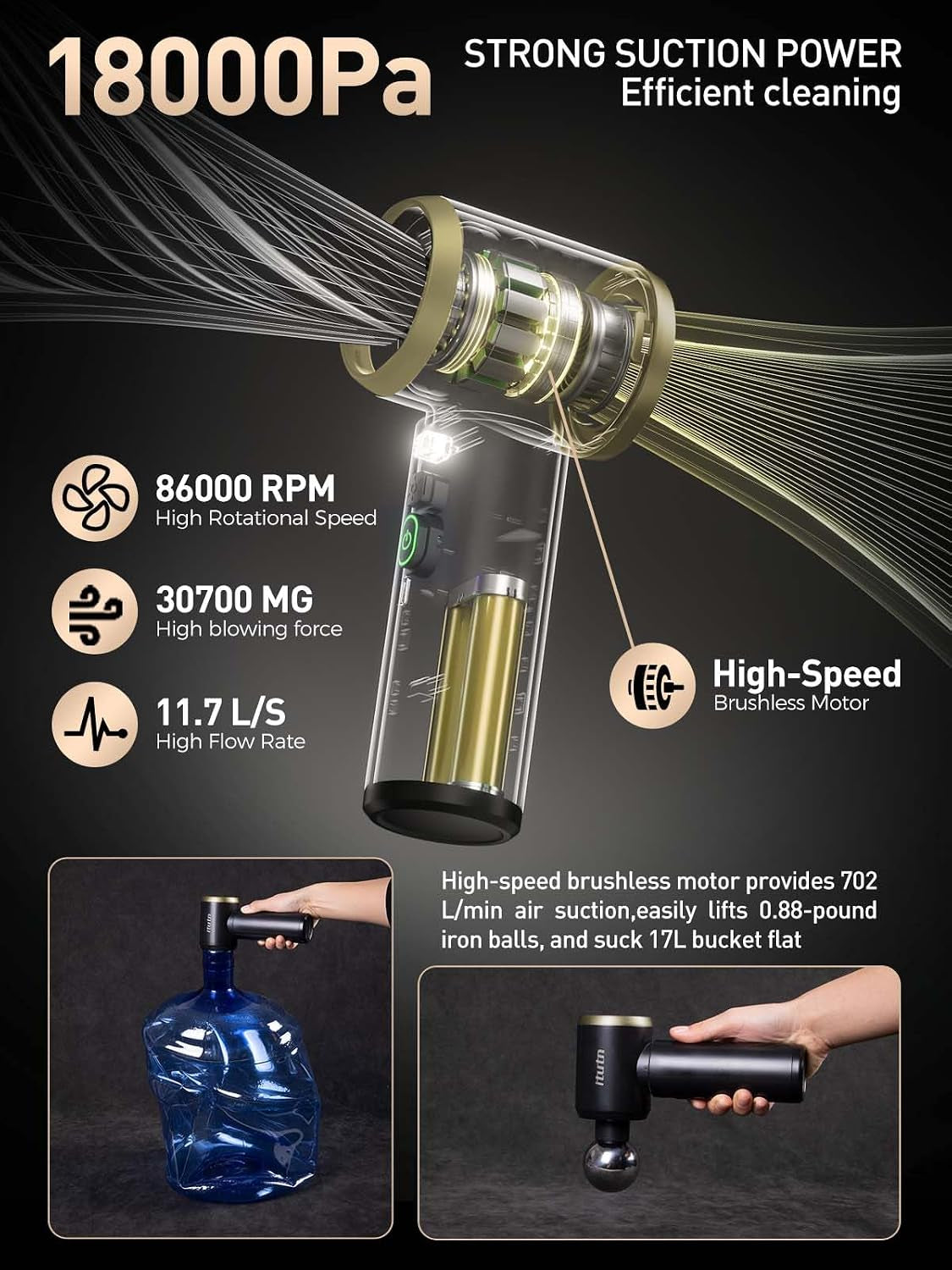 Car Vacuum/Blower 5-In-1 Mini Vacuum Cleaner Cordless Air Duster 18000Pa Powerful Suction Handheld Portable Vacuum for Car Home, PC, Keyboard, Desk, Pet Hair Cleaning Car Detailing Accessories