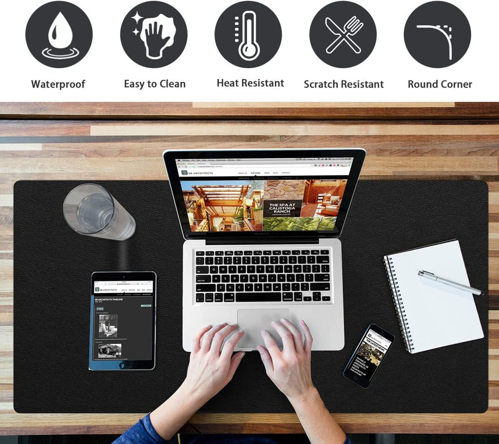 Multifunctional Non-Slip Desk Pad Mat - Waterproof PVC Leather Protector for Office and Home (Black, 14" x 24")