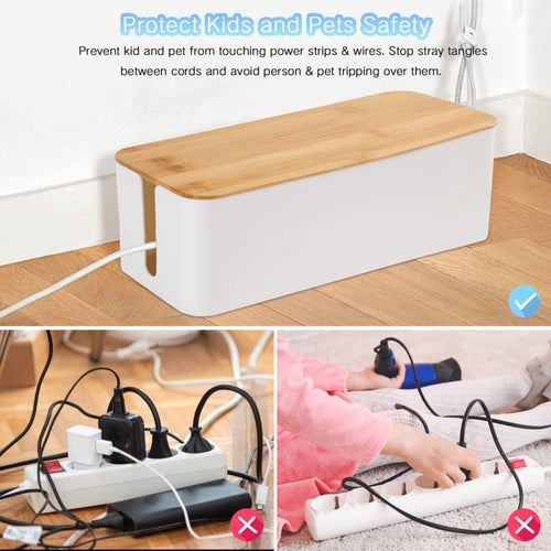Bamboo Cable Management Box Organizer Set of 3 with Lid for Concealing Surge Protectors, Power Strips, and Cords - Includes 5 Cable Fastening Tapes for Home, Office, and Entertainment Spaces