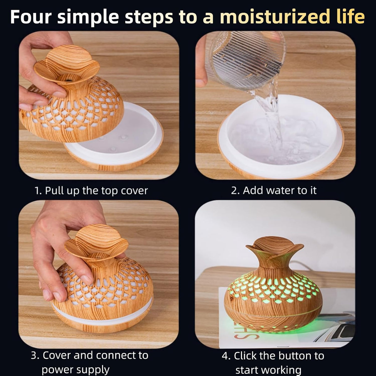 Colorful Cool Mini Humidifier, Flower Shape USB Personal Desktop Humidifier for Car, Office Room, Bedroom,Etc. 2 Mist Modes, 7 Colors,Super Quiet (Darkwood)