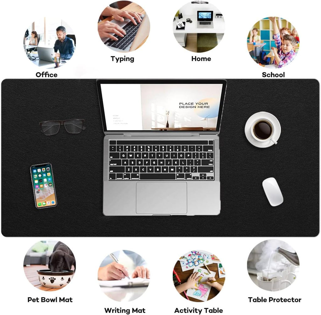 Multifunctional Non-Slip Desk Pad Mat - Waterproof PVC Leather Protector for Office and Home (Black, 14" x 24")