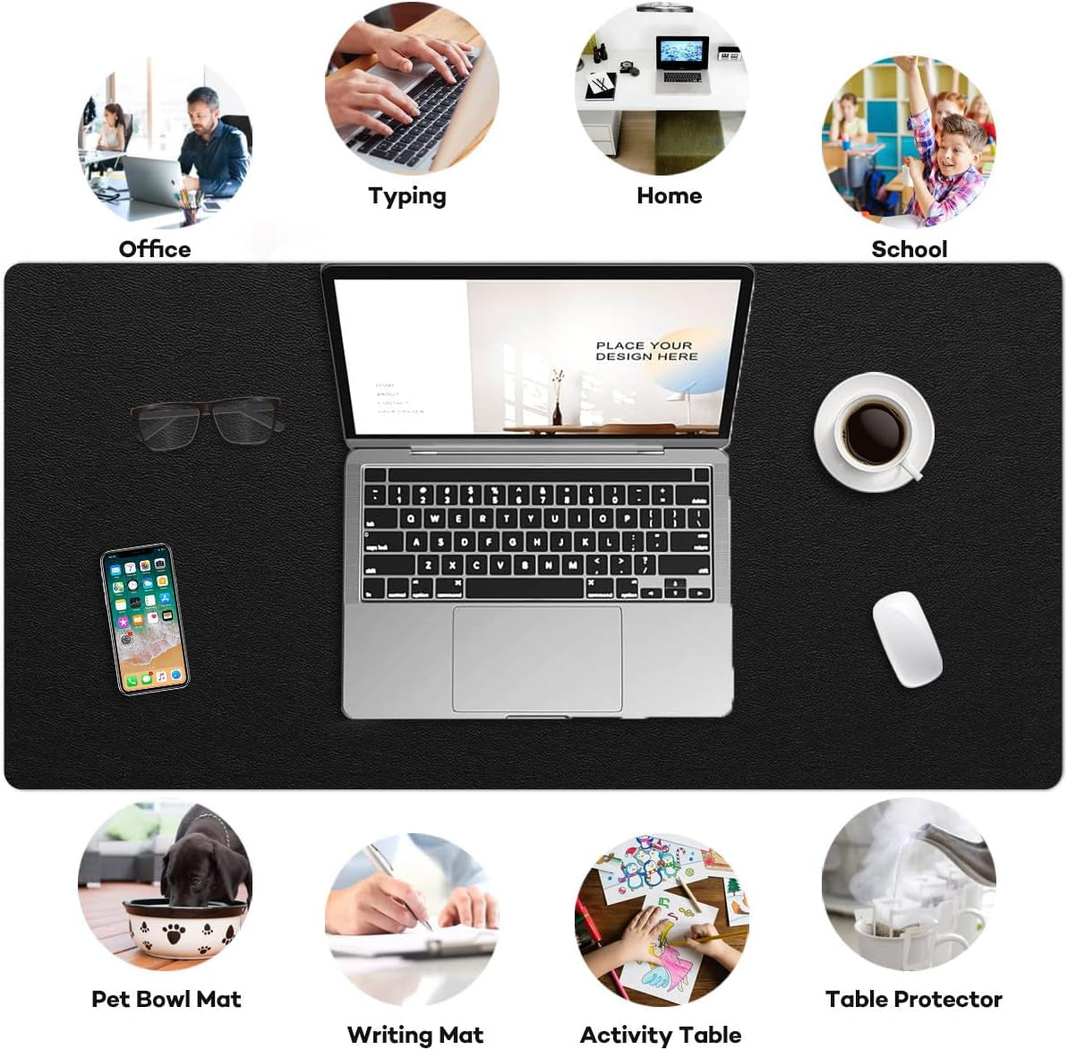 Multifunctional Non-Slip Desk Pad Mat - Waterproof PVC Leather Protector for Office and Home (Black, 14" x 24")