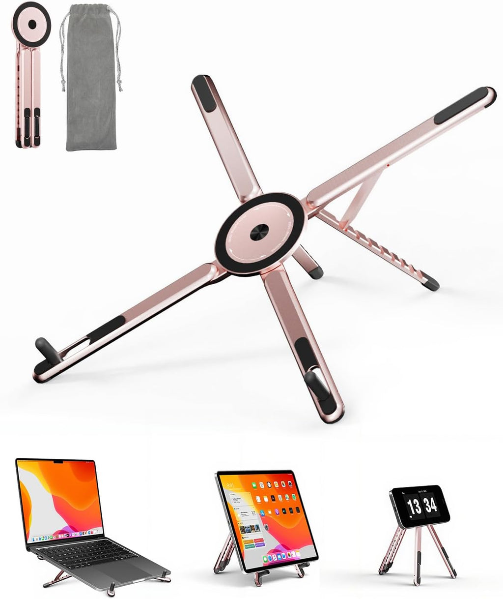 Portable Laptop Stand for Desk, Foldable Adjustable Computer Riser with Magnetic Phone Holder, Aluminum Laptop Stand for 10–16” Laptops & 4–13” Phones/Tablets (Silver)