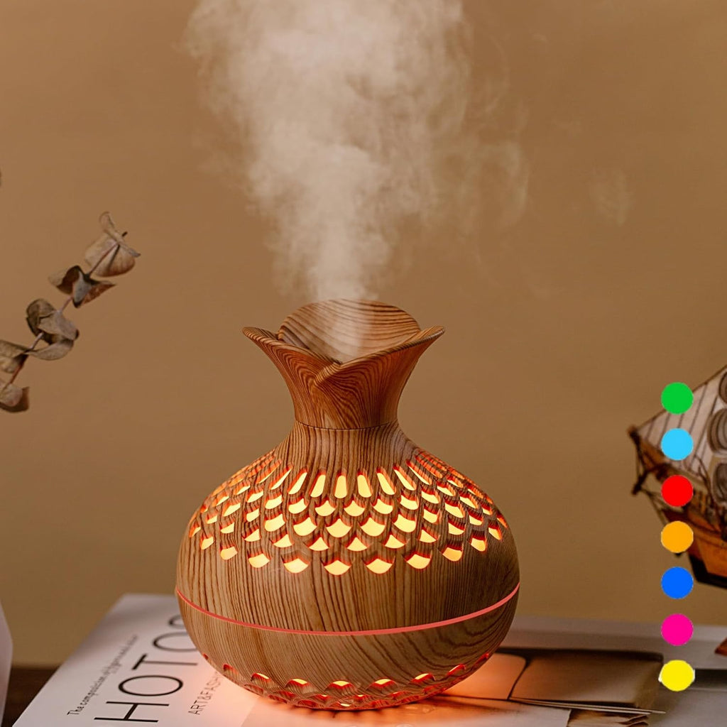Colorful Cool Mini Humidifier, Flower Shape USB Personal Desktop Humidifier for Car, Office Room, Bedroom,Etc. 2 Mist Modes, 7 Colors,Super Quiet (Darkwood)