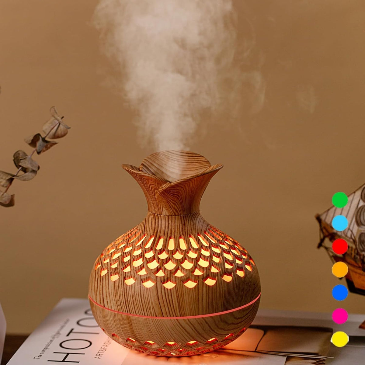 Colorful Cool Mini Humidifier, Flower Shape USB Personal Desktop Humidifier for Car, Office Room, Bedroom,Etc. 2 Mist Modes, 7 Colors,Super Quiet (Darkwood)
