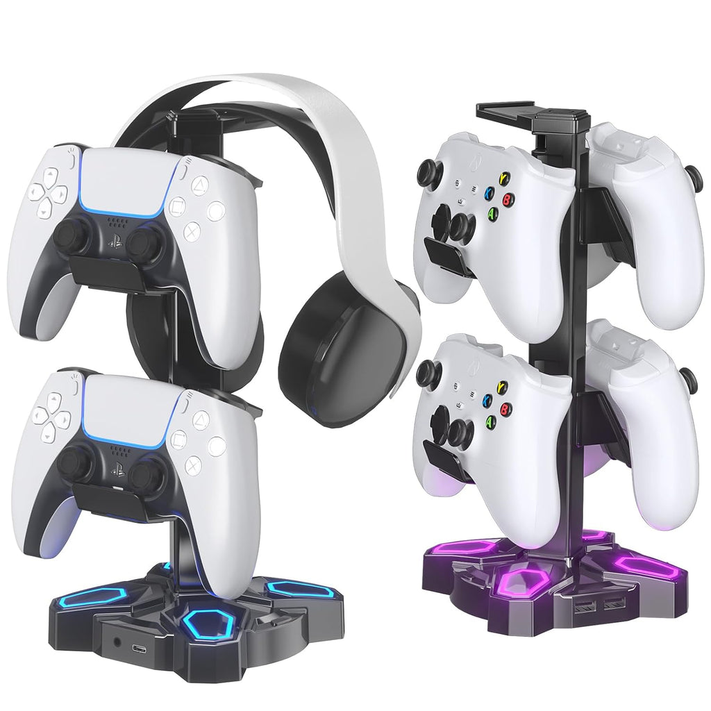 Gaming Headphones Stand, Rotatable Headset Stand with Light Modes - Controller Holder with 2 USB Charging Ports and 3.5Mm - Earphone Hanger Accessories for Desktop Gamer(Black)