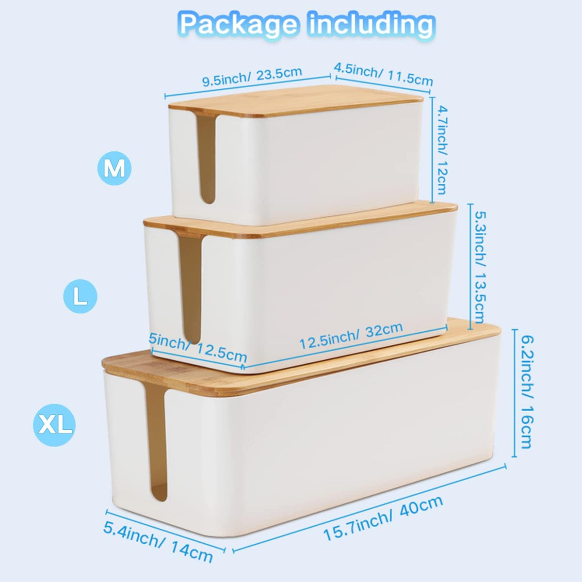 Bamboo Cable Management Box Organizer Set of 3 with Lid for Concealing Surge Protectors, Power Strips, and Cords - Includes 5 Cable Fastening Tapes for Home, Office, and Entertainment Spaces