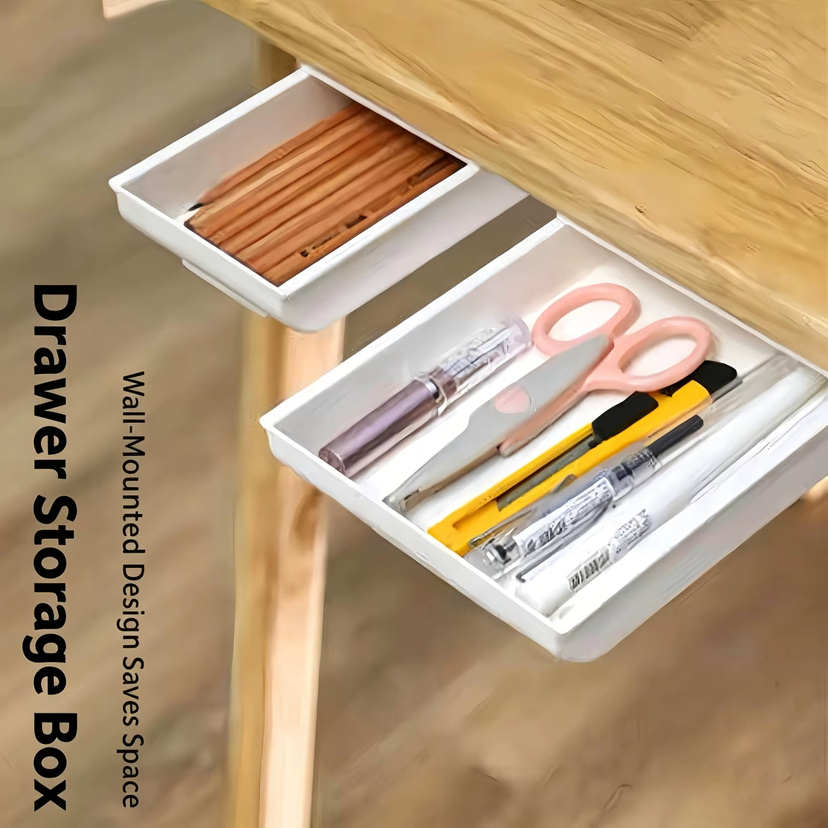 Sliding under Desk Drawer, Punch-Free Self-Adhesive Hidden Storage Organizer, Space-Saving Desk Tidy for Pens Stationery Gadgets