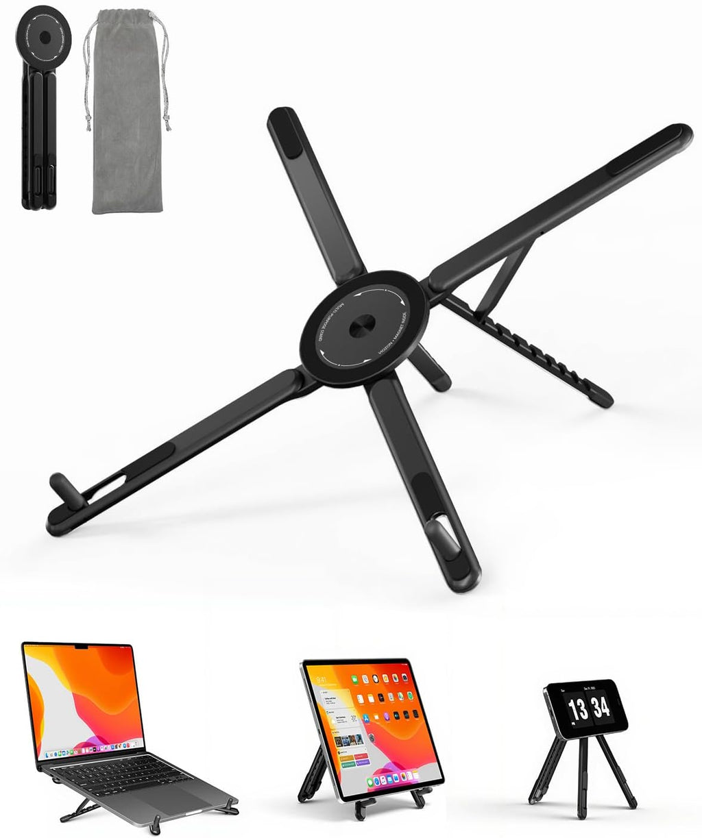 Portable Laptop Stand for Desk, Foldable Adjustable Computer Riser with Magnetic Phone Holder, Aluminum Laptop Stand for 10–16” Laptops & 4–13” Phones/Tablets (Silver)