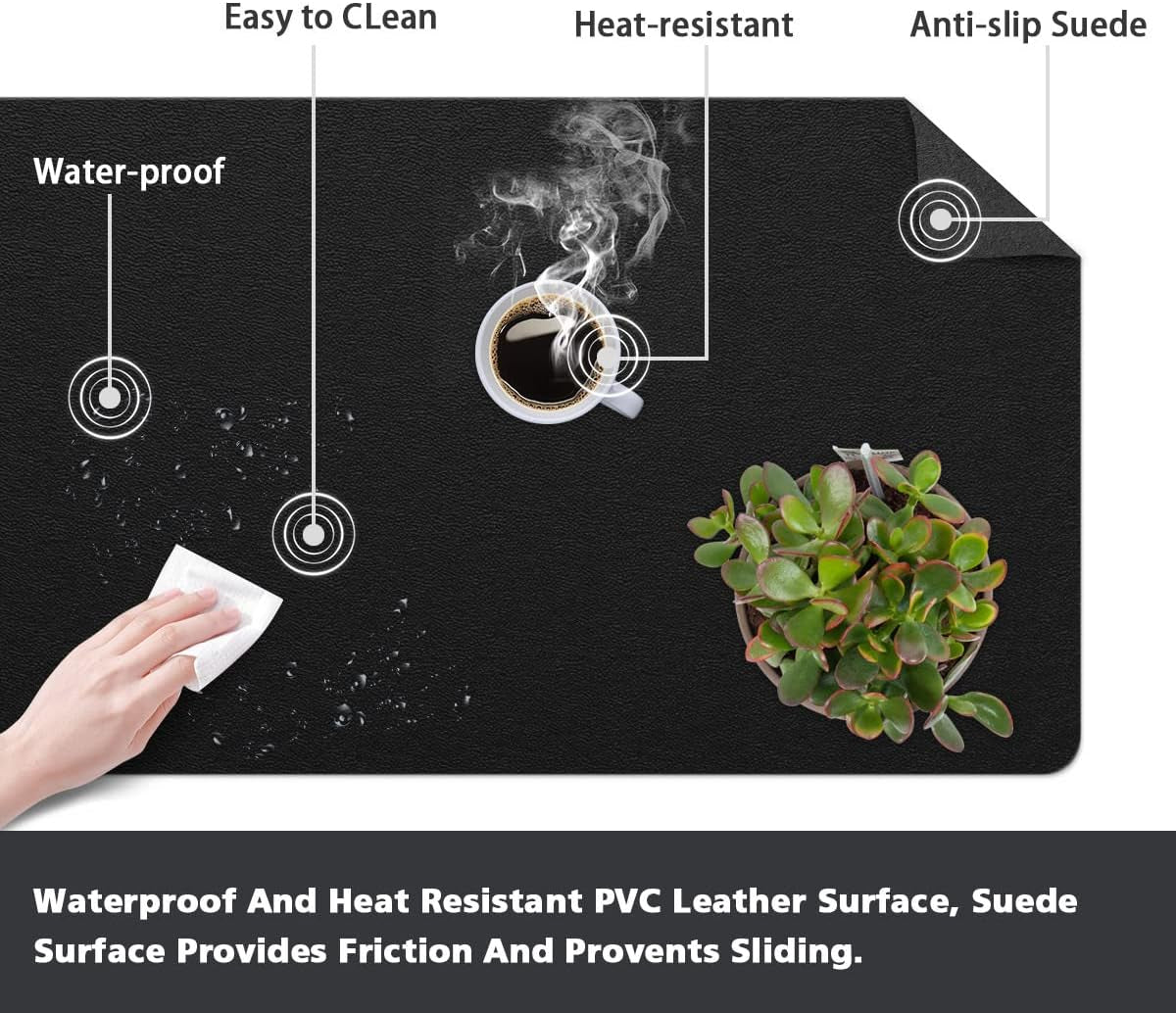 Multifunctional Non-Slip Desk Pad Mat - Waterproof PVC Leather Protector for Office and Home (Black, 14" x 24")